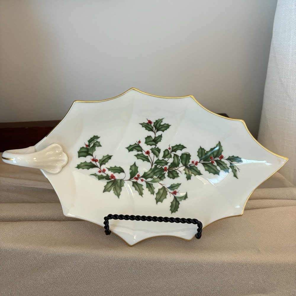 Lenox 10.25" Leaf Holiday Candy Dish Gold Trim Made in USA